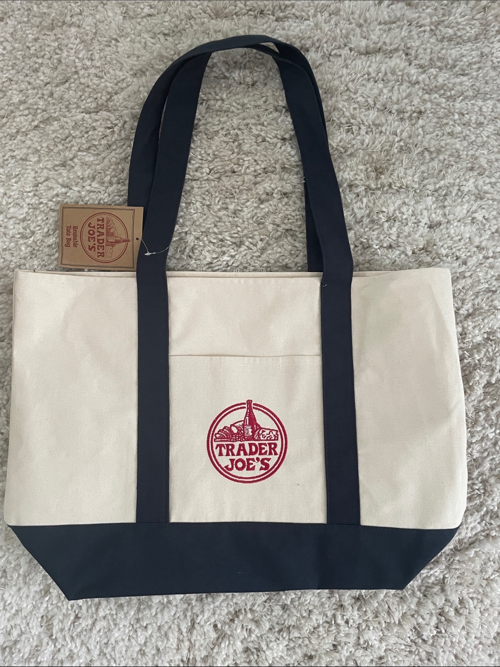 Trader Joe's Canvas Tote Bag in Cream and Blue handles 14 x 20